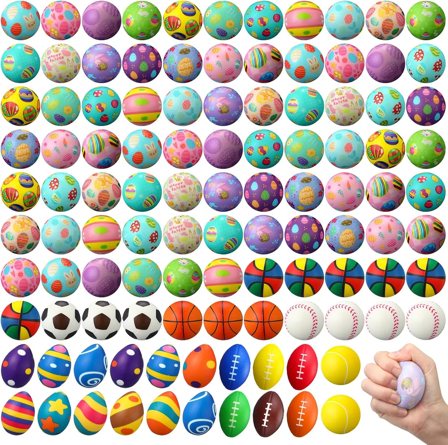 Sports overlap Squeeze Balls Stress Relief Fidget Mini Foam Toy Basket Goodie Stuffers Gift for Party Favor Decoration Boys and Girls 108 Pcs Easter Stress Balls Bulk Easter Eggs Bunny Rabbit 