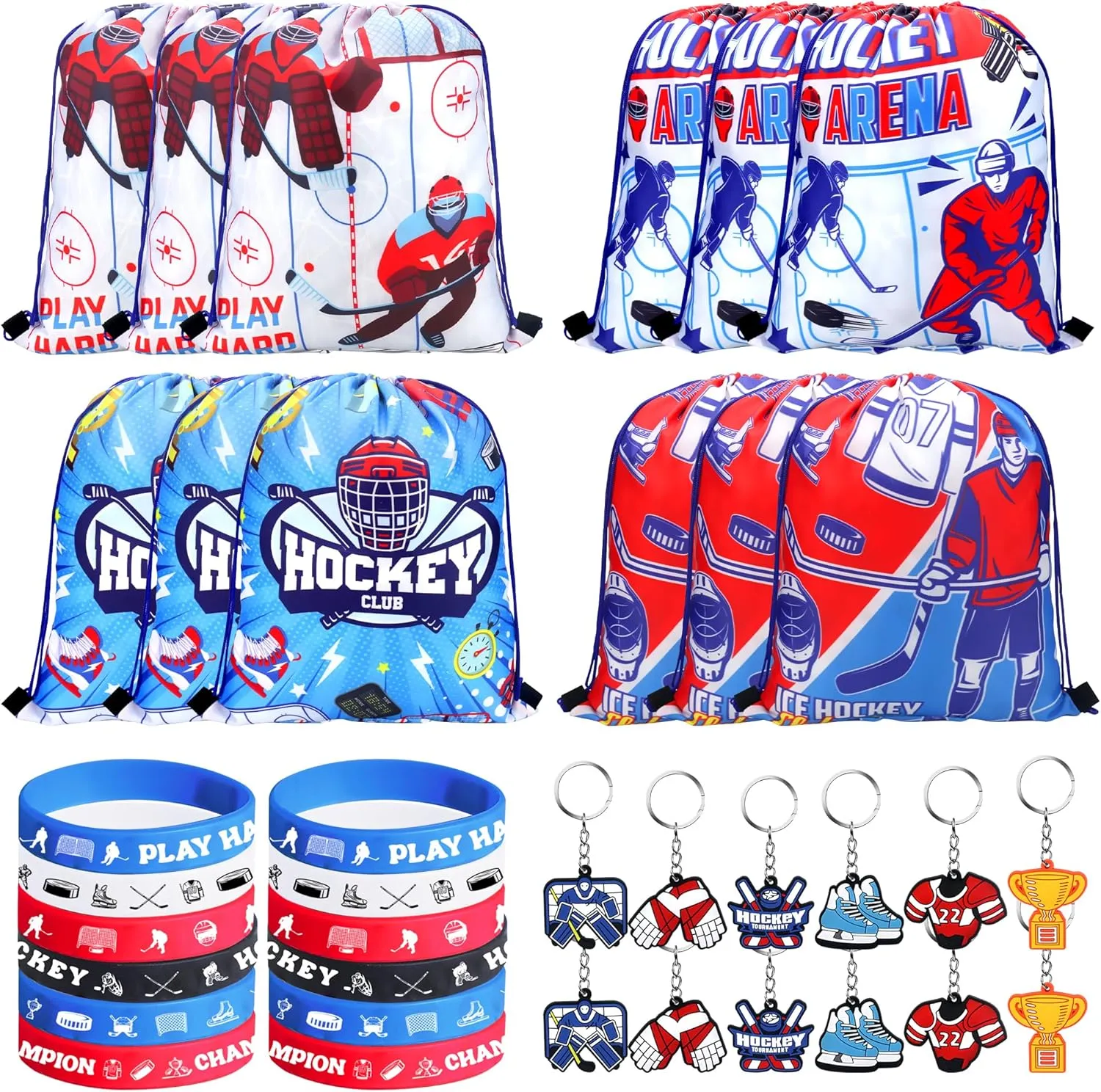 Sports Party Birthday Gift especially sailor Supplies 36 PCS Hockey Party Favors Set Include 12 Drawstring Bag$ 12 Silicone Bracelet$ 12 Motivational Keychain for Ice Hockey 