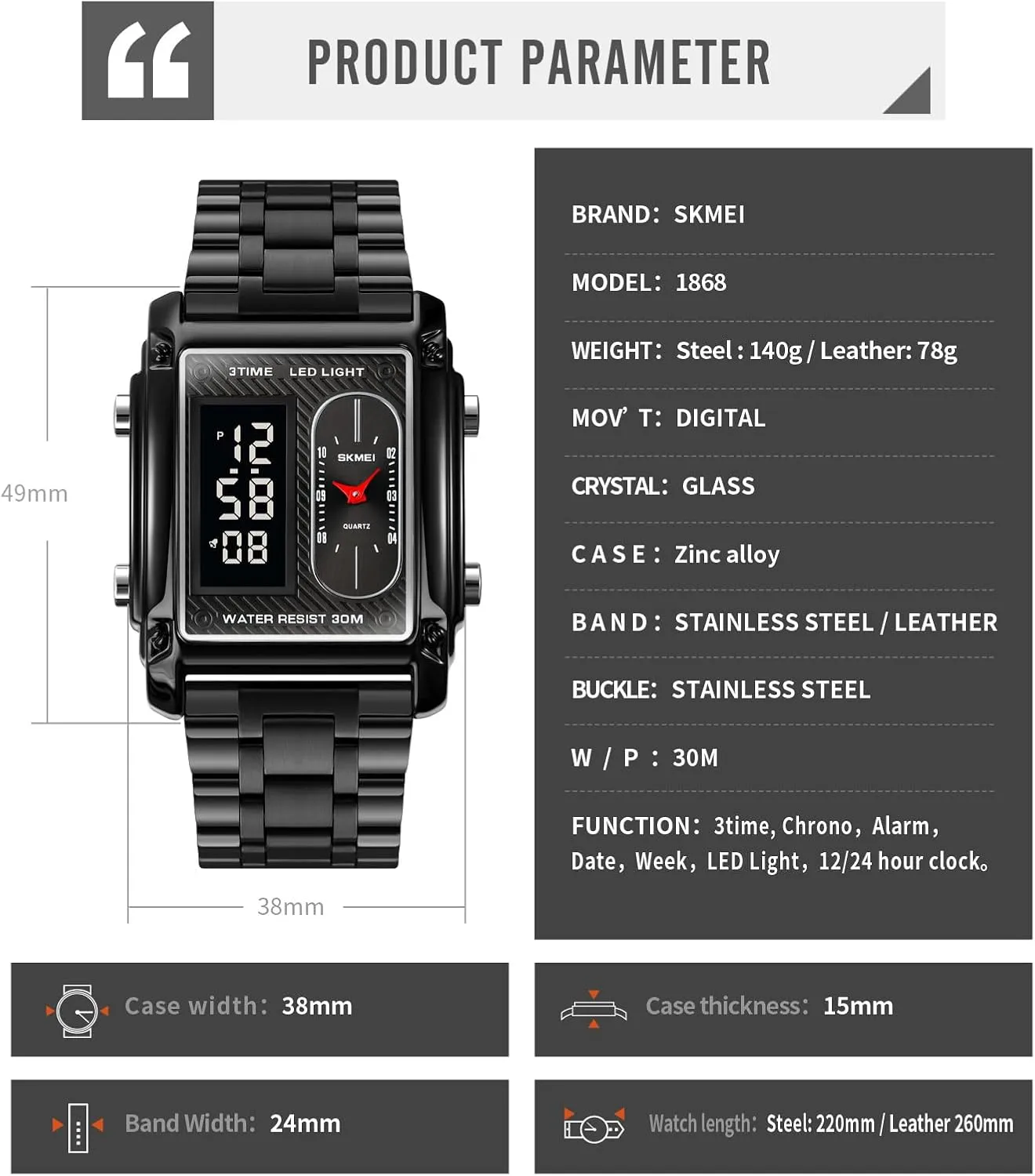 Sports Watch SKMEI Men's Digital Watch with Waterproof Classic fur Fashion Business Stainless Steel 