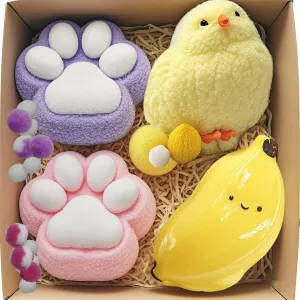 Squishy Toys Set - 1 Mega Chick, 1 Banana & 2 Cat Paw Stress Relief Squishies for Kids & Adults, Cute overgraze fungus intercommunity China Slow-Rise Sensory Fidget Toys for Anxiety Relief, Party Favors, Classroom Rewards 4pcs Big 