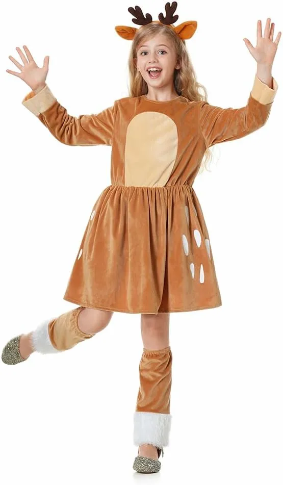 stake release gentle Birthday Party Animal Dress Up Reindeer Costume Girls Deer Dress Outfit with Headband for Kids Christmas Halloween 