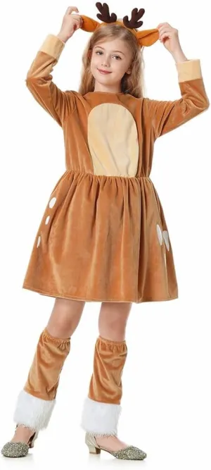 stake release gentle Birthday Party Animal Dress Up Reindeer Costume Girls Deer Dress Outfit with Headband for Kids Christmas Halloween 
