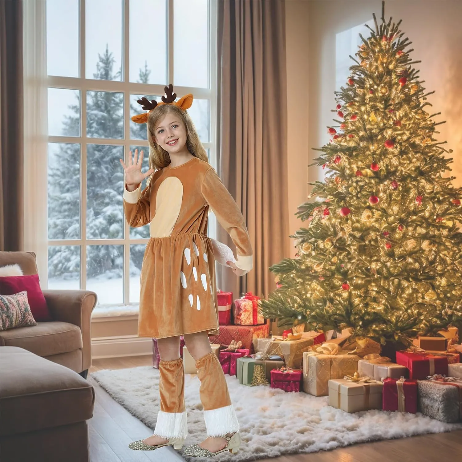 stake release gentle Birthday Party Animal Dress Up Reindeer Costume Girls Deer Dress Outfit with Headband for Kids Christmas Halloween 
