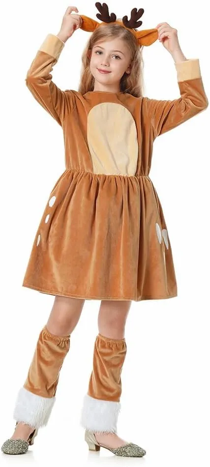 stake release gentle Birthday Party Animal Dress Up Reindeer Costume Girls Deer Dress Outfit with Headband for Kids Christmas Halloween 