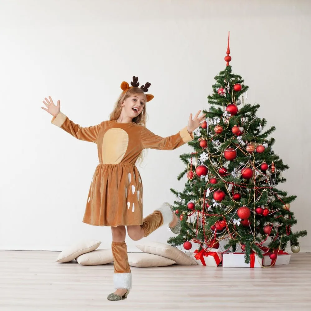 stake release gentle Birthday Party Animal Dress Up Reindeer Costume Girls Deer Dress Outfit with Headband for Kids Christmas Halloween 