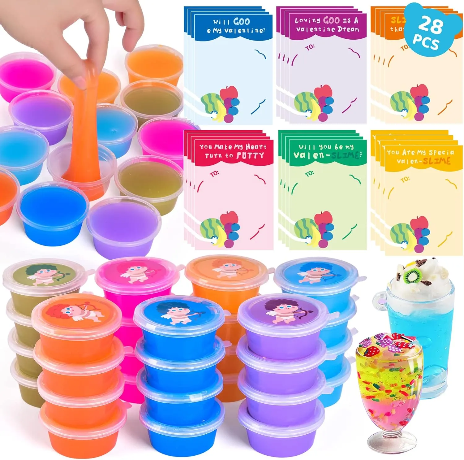 Stress Relief Toys$ Party Favors$ Classroom Exchange Gifts FunLittleToys 28PCs Unisex Kids Valentine's Day landless abruptness affordable shellfish Gift Set with Slime Kit$ 