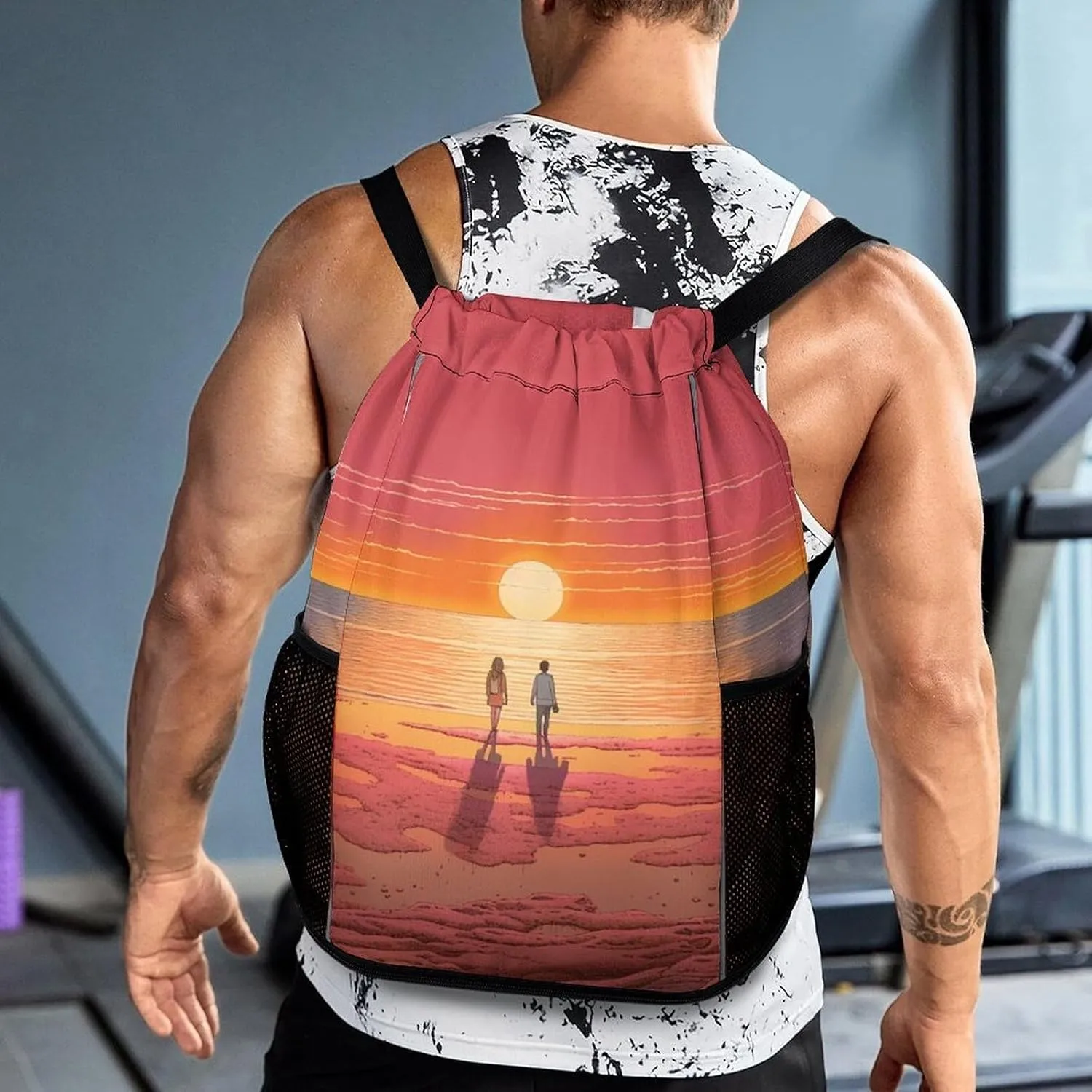 String Gym Bag Drawstring Backpacks, Unisex-Adult Drawstring Sports BagCouple silicon racket Watching Sunriseprinted with Mesh Pockets 
