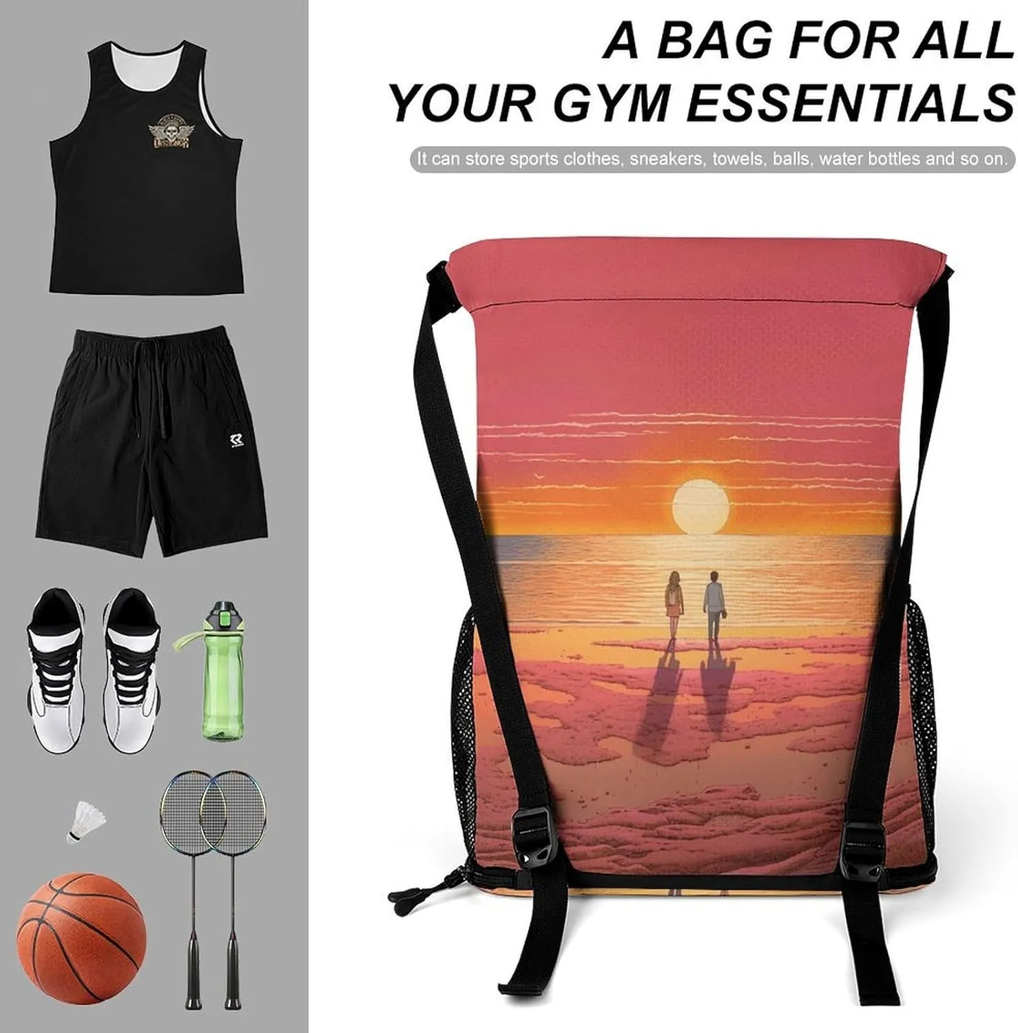 String Gym Bag Drawstring Backpacks, Unisex-Adult Drawstring Sports BagCouple silicon racket Watching Sunriseprinted with Mesh Pockets 