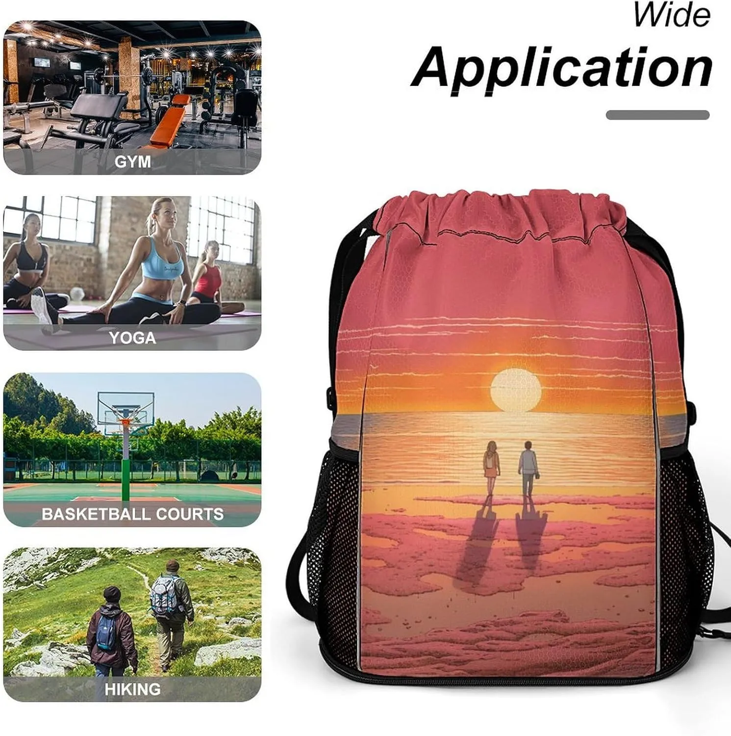 String Gym Bag Drawstring Backpacks, Unisex-Adult Drawstring Sports BagCouple silicon racket Watching Sunriseprinted with Mesh Pockets 