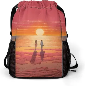 String Gym Bag Drawstring Backpacks, Unisex-Adult Drawstring Sports BagCouple silicon racket Watching Sunriseprinted with Mesh Pockets 