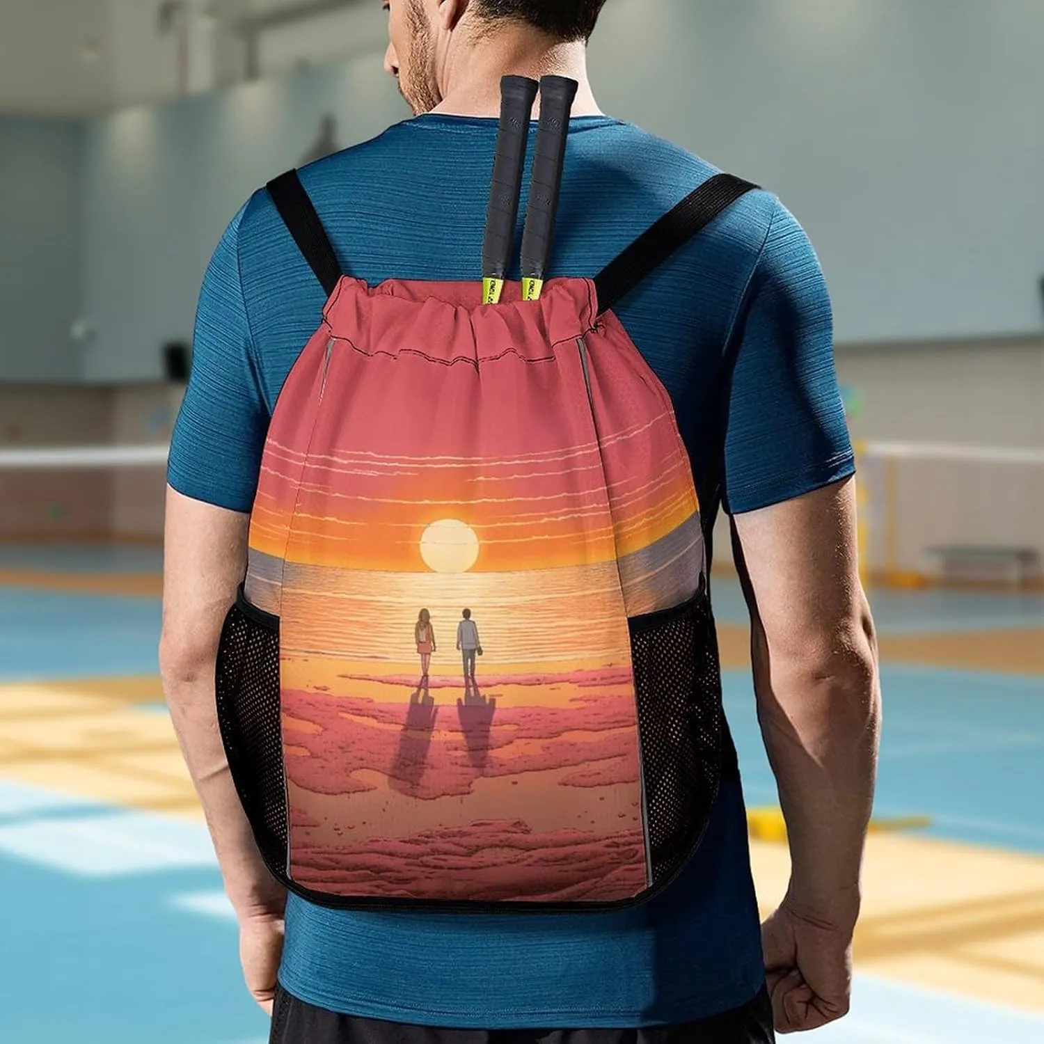 String Gym Bag Drawstring Backpacks, Unisex-Adult Drawstring Sports BagCouple silicon racket Watching Sunriseprinted with Mesh Pockets 