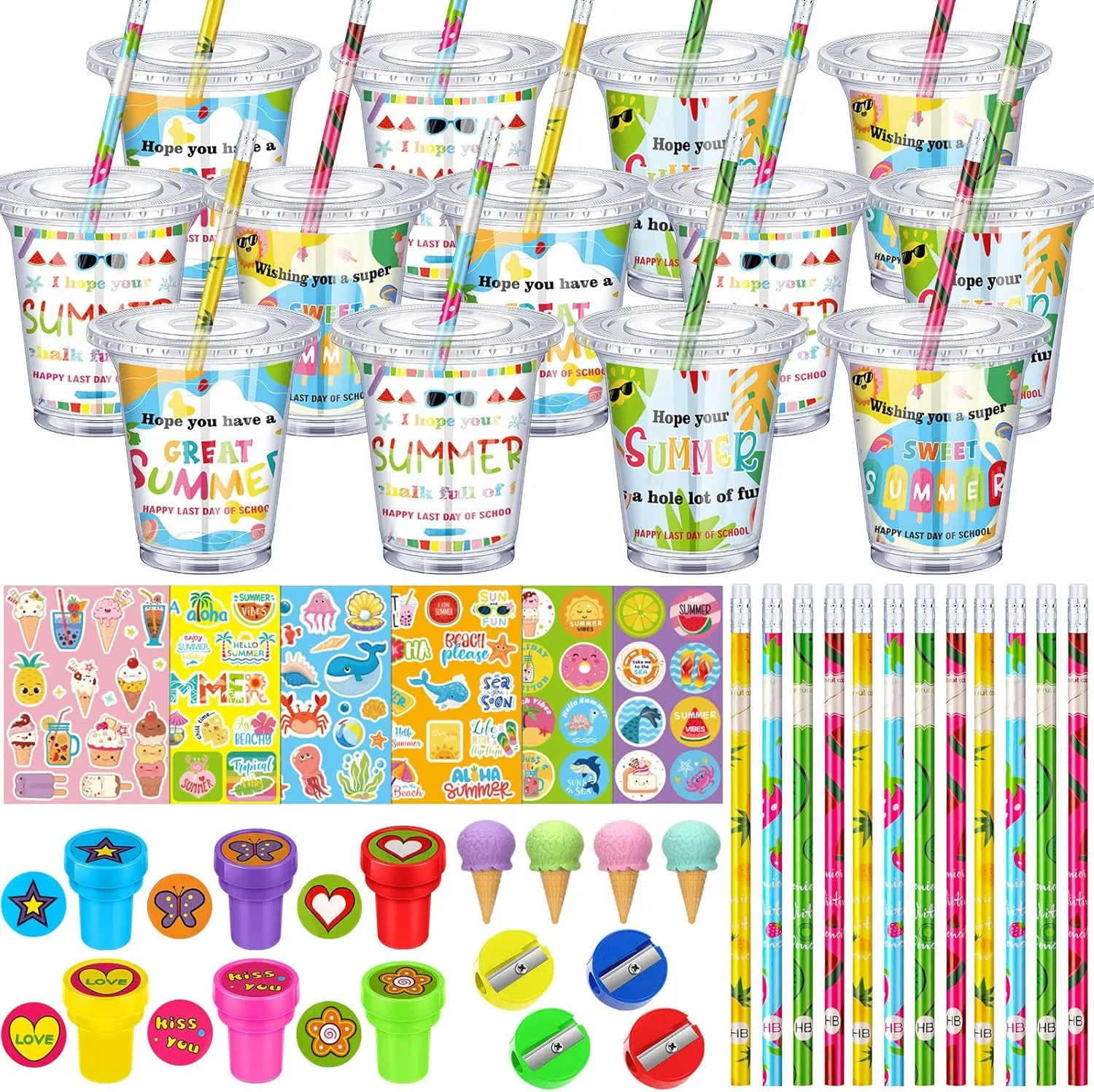 Students Gift from Teacher Bulk Summer Pencil Sharpener Eraser Stamp Sticker Card Plastic Cup with Lid Cute Class Gifts for Students Graduation School Classroom Prizes 24 locate jump emergency Set End of Year 