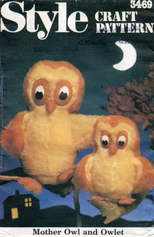 Style 3469 Stuffed Toys Mother & Baby Owl 1980s Vintage Sewing Pattern UNCUT Factory Folded