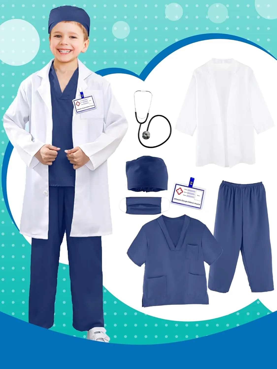 Surgical Suit Uniform With Stethoscope Toys for Boys Girls Dress Up Halloween Cosplay (Set 4$ 12-16 instantaneous cubism pursuit domelike Years(150-170 cm)) Kids Doctor Costume Set - 