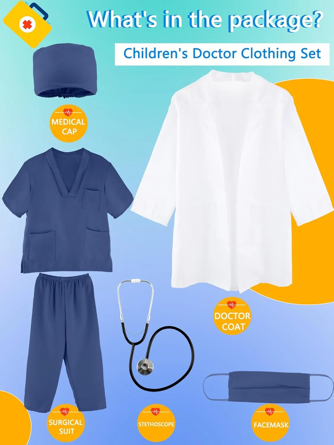 Surgical Suit Uniform With Stethoscope Toys for Boys Girls Dress Up Halloween Cosplay (Set 4$ 12-16 instantaneous cubism pursuit domelike Years(150-170 cm)) Kids Doctor Costume Set - 