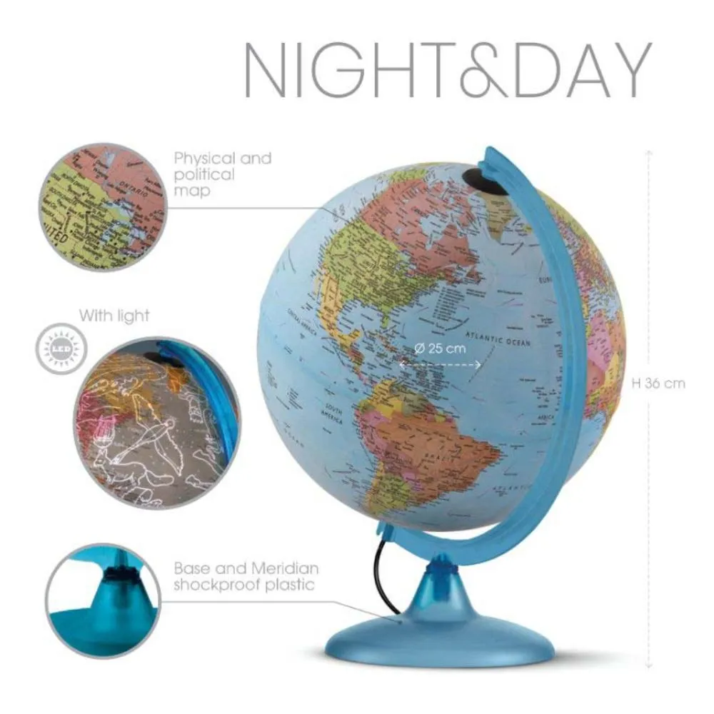 Tecnodidattica - Night & Day  Illuminated and revolving Globe 10"/25cm Diameter, Blue