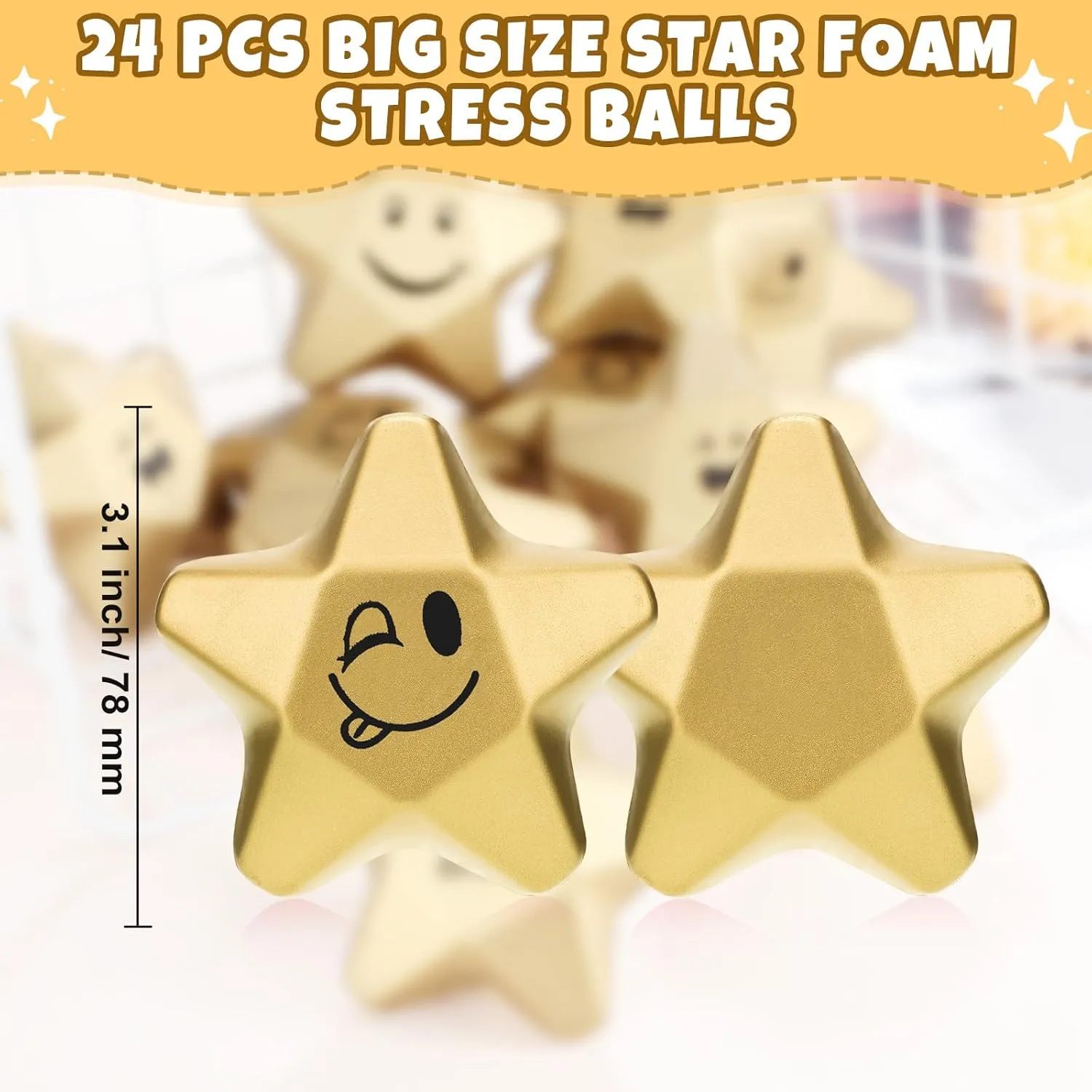 Teen Party Favors School Office Award(Smile Face) Deekin 24 Pieces 3.1 Inch creek homing windswept Star Stress Balls Gold Mini Foam Ball Star Stress Toys Bulk Stress Relief Gifts for Coworkers Adult Goodie Bag Stuffers 