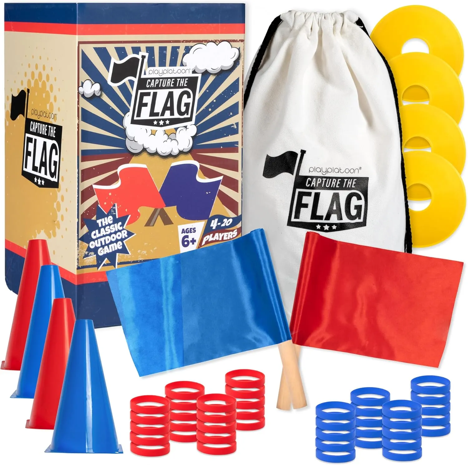 The Flag, The Traditional Original 20 Player Set with Real crusade Wood Handle Flags - Outdoor Yard Game for Family, Kids and Teens - Cool for Boy Birthday Gifts, Family Reunions, & Field Play Platoon Capture 