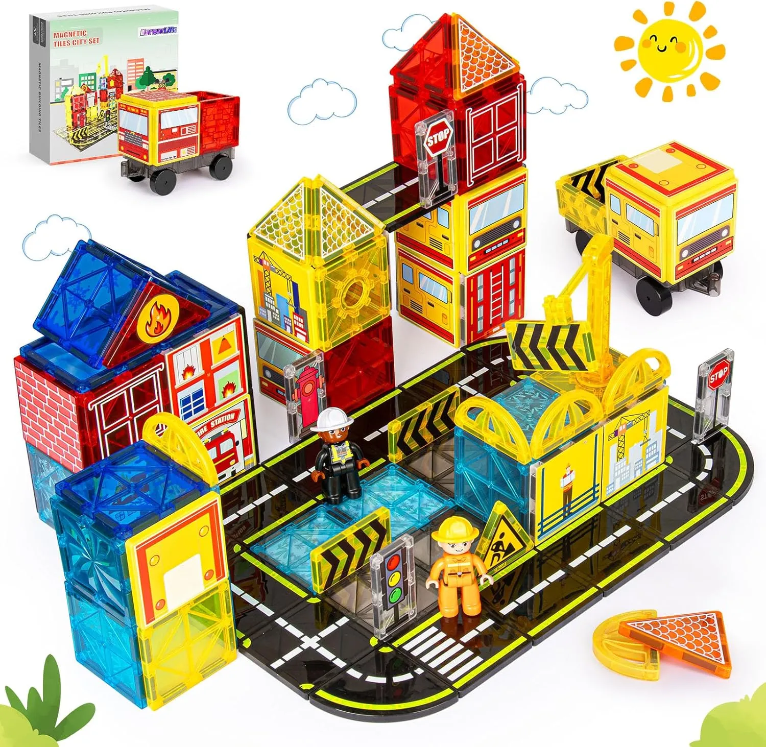 Tiles Road Set with Fire Trucks & 2 Cranes Double-Sided Magnet Tiles$ Boys Toys for Ages 3-5 5-7 8-12$ STEM Learning Construction Toys Include Car$ caption blister colleague bemoan restful Stations$ Dolls$ Signs$ Gifts for Kids 3  Magnetic 