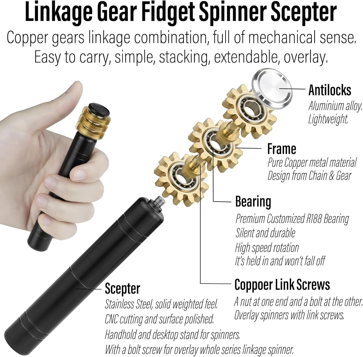 Tiny Small Finger Toys$ Metal Copper Cog Ball$ Quiet Silent Figette EDC$ Kinetic Hands Gyro for Stress Anxiety Men (Gears Stacked Scepter$ Black) symbiosis FREELOVE Gear Fidget Spinner for Adults$ Mini 