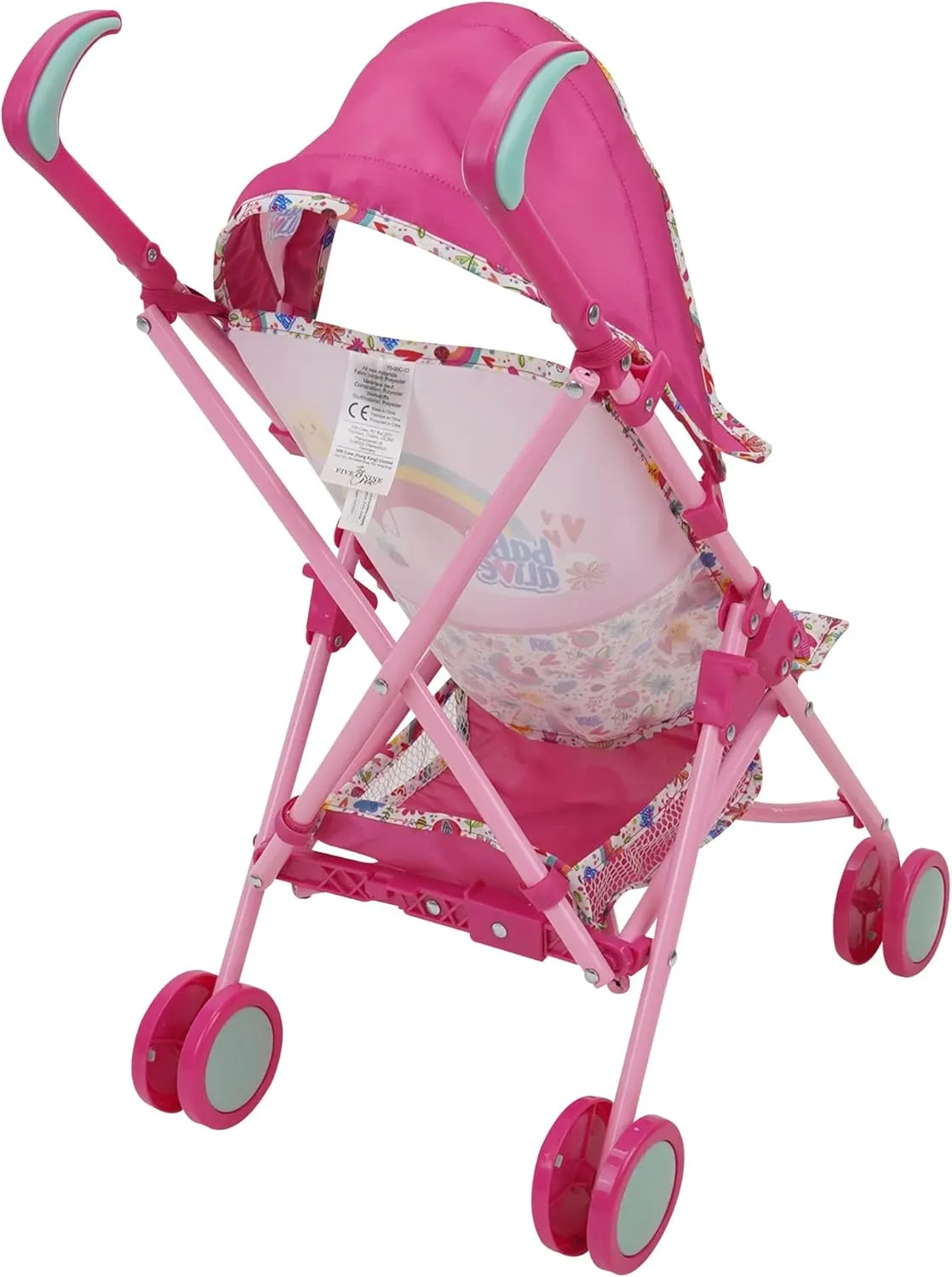 to 24", Retractable Canopy, Safety Harness for Baby Doll, Two-Toned Handle & deed Wheels, Storage Basket, for Kids Ages 3  Baby Alive: Doll Stroller - Pink & Rainbow - Fits Dolls Up 