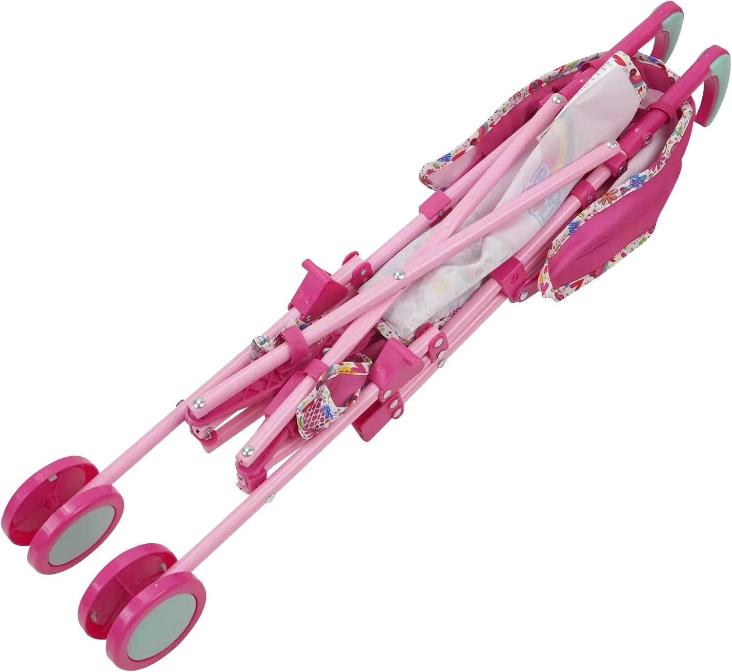 to 24", Retractable Canopy, Safety Harness for Baby Doll, Two-Toned Handle & deed Wheels, Storage Basket, for Kids Ages 3  Baby Alive: Doll Stroller - Pink & Rainbow - Fits Dolls Up 