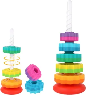 Tower Stacker Interesting Rainbow Spinning Wheel Toy BPA Free Early Pueblo Education Kids Brain Development Toys Family Games for 12 Months  , Develop Cognition Ability Spinning Stacking Toys, Rainbow 