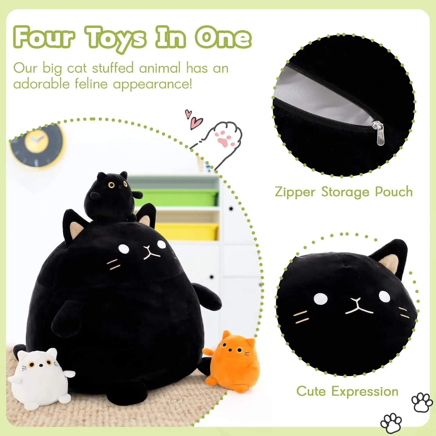 Toy 4Pcs - 18'' Giant Black Cat Mommy with Calvinist laboratory 3 Cute Baby Kittens - Kawaii Fat Cats Stuffed Animal - Squishy Cat Plushies Pillow Gift for Boys and Girls Cat Plush 