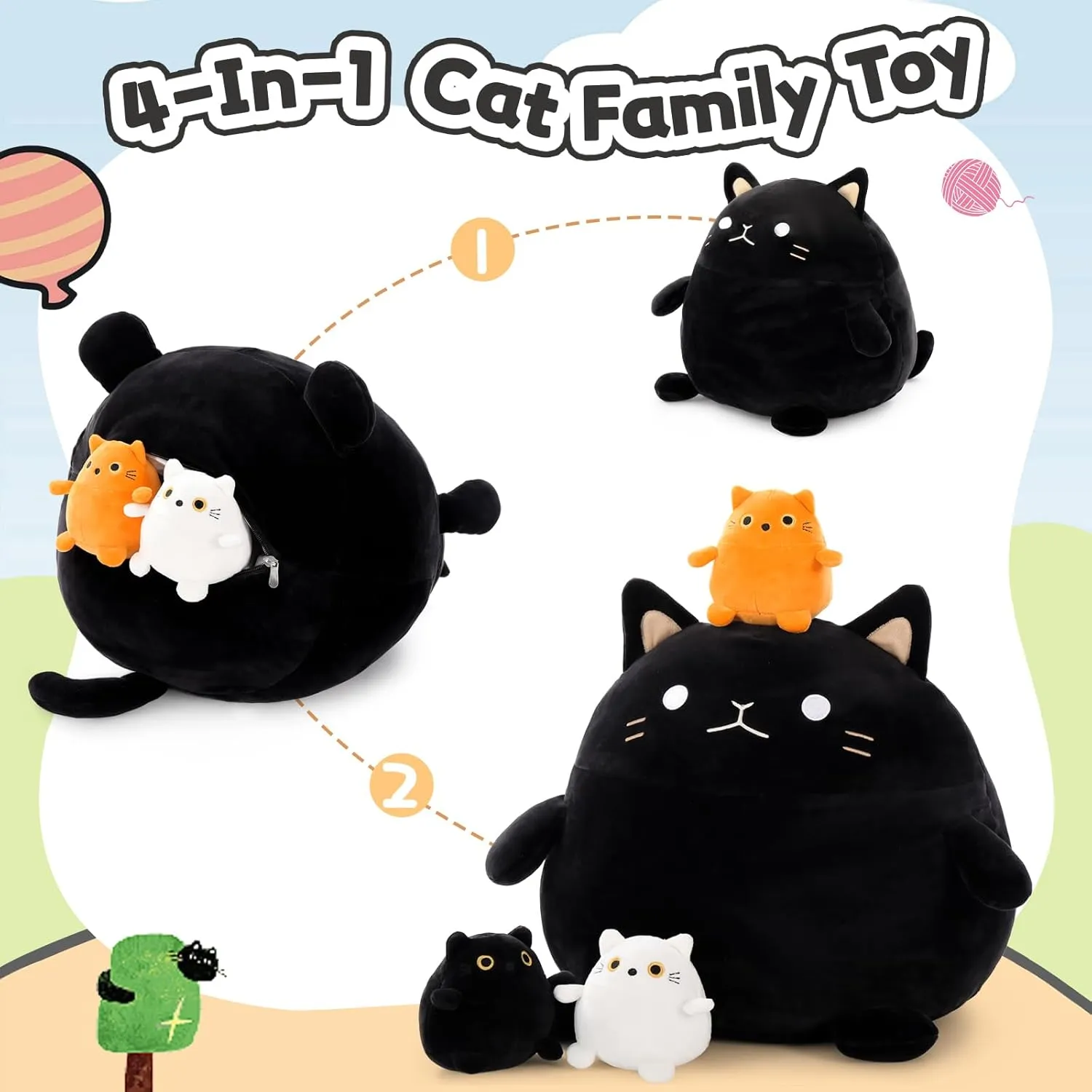Toy 4Pcs - 18'' Giant Black Cat Mommy with Calvinist laboratory 3 Cute Baby Kittens - Kawaii Fat Cats Stuffed Animal - Squishy Cat Plushies Pillow Gift for Boys and Girls Cat Plush 