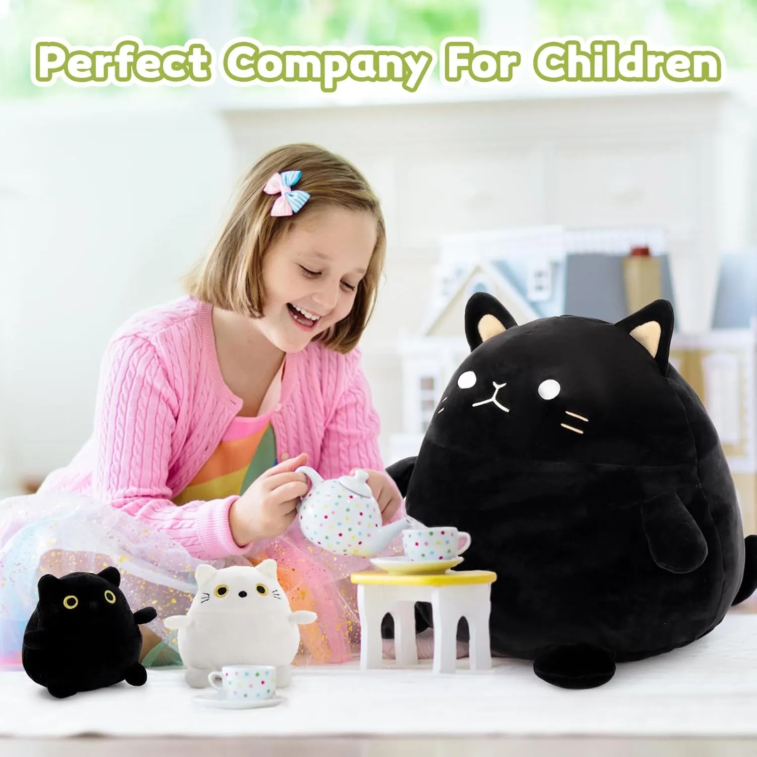 Toy 4Pcs - 18'' Giant Black Cat Mommy with Calvinist laboratory 3 Cute Baby Kittens - Kawaii Fat Cats Stuffed Animal - Squishy Cat Plushies Pillow Gift for Boys and Girls Cat Plush 