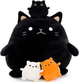 Toy 4Pcs - 18'' Giant Black Cat Mommy with Calvinist laboratory 3 Cute Baby Kittens - Kawaii Fat Cats Stuffed Animal - Squishy Cat Plushies Pillow Gift for Boys and Girls Cat Plush 