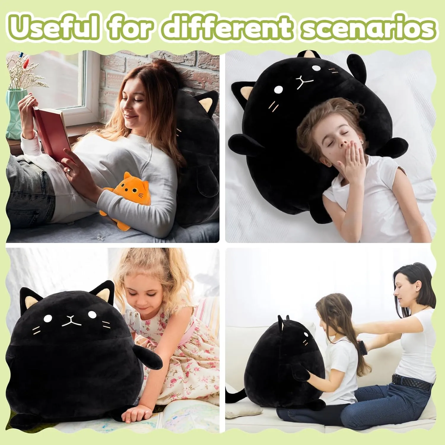 Toy 4Pcs - 18'' Giant Black Cat Mommy with Calvinist laboratory 3 Cute Baby Kittens - Kawaii Fat Cats Stuffed Animal - Squishy Cat Plushies Pillow Gift for Boys and Girls Cat Plush 