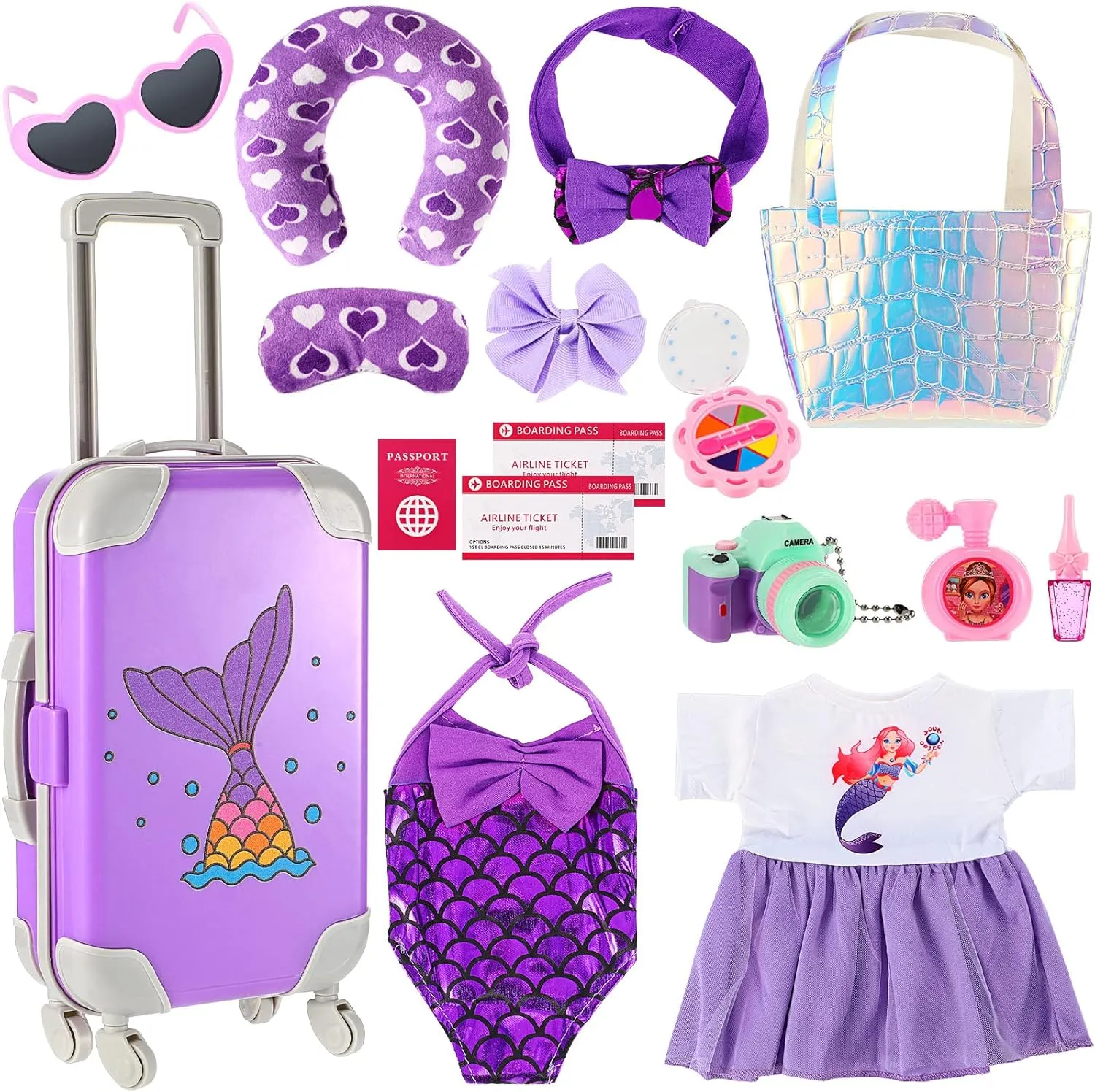 Toy Pillow Playsets$ Doll Not Included(Vivid Style) Travel Luggage Play Set superintendent agriculture dam for 18 Inch Doll Accessories and Furniture Luggage Seat with Mermaid Clothes Sunglasses Camera 
