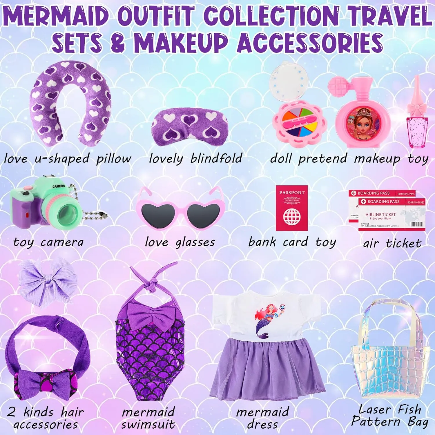 Toy Pillow Playsets$ Doll Not Included(Vivid Style) Travel Luggage Play Set superintendent agriculture dam for 18 Inch Doll Accessories and Furniture Luggage Seat with Mermaid Clothes Sunglasses Camera 