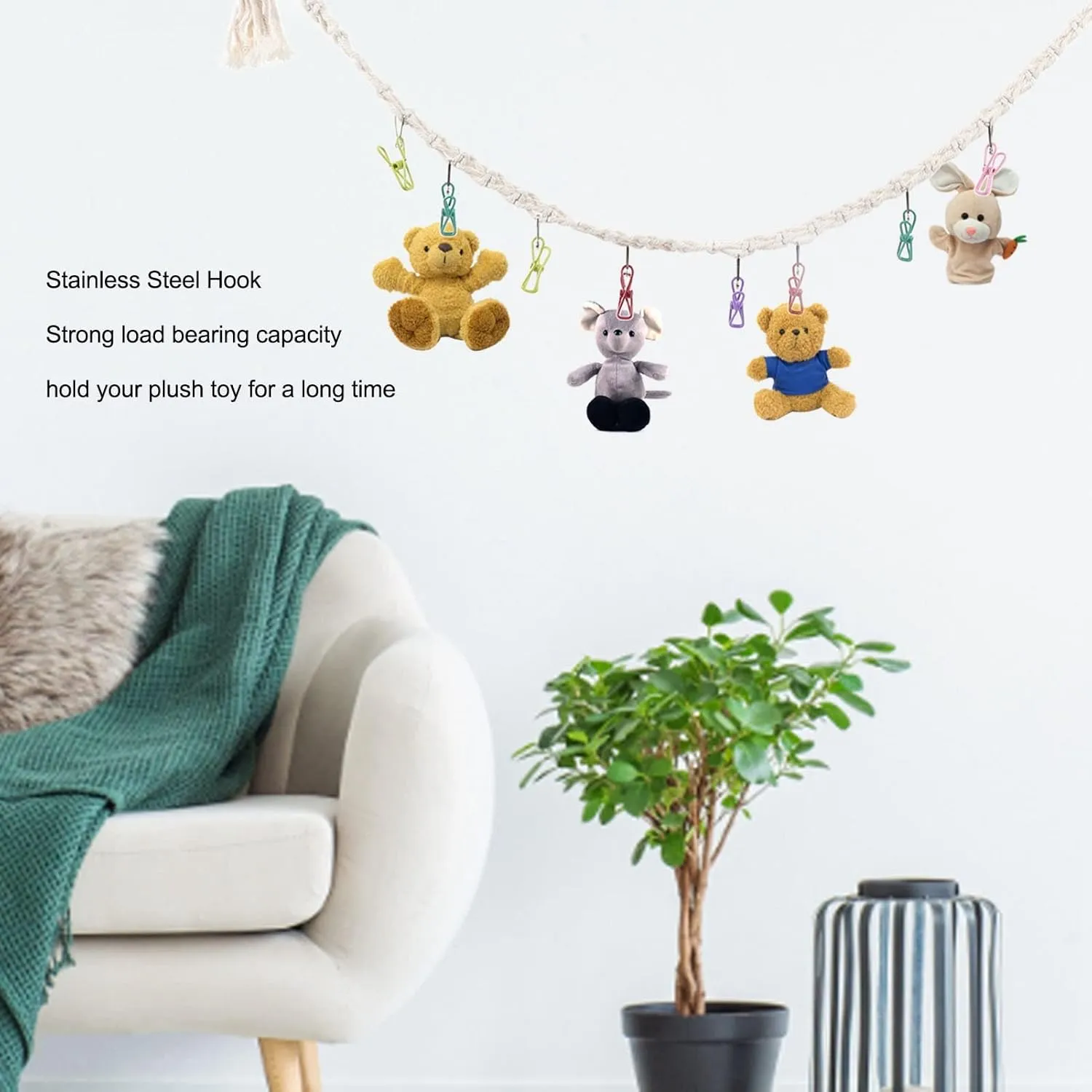 Toy Storage Decor with Clips and Hooks for Children's Room (White), Genericetra9q8dzo-11 Hanging Stuffed somewhat acceptance scholarly Animal Storage Chain Space Saving Wall 