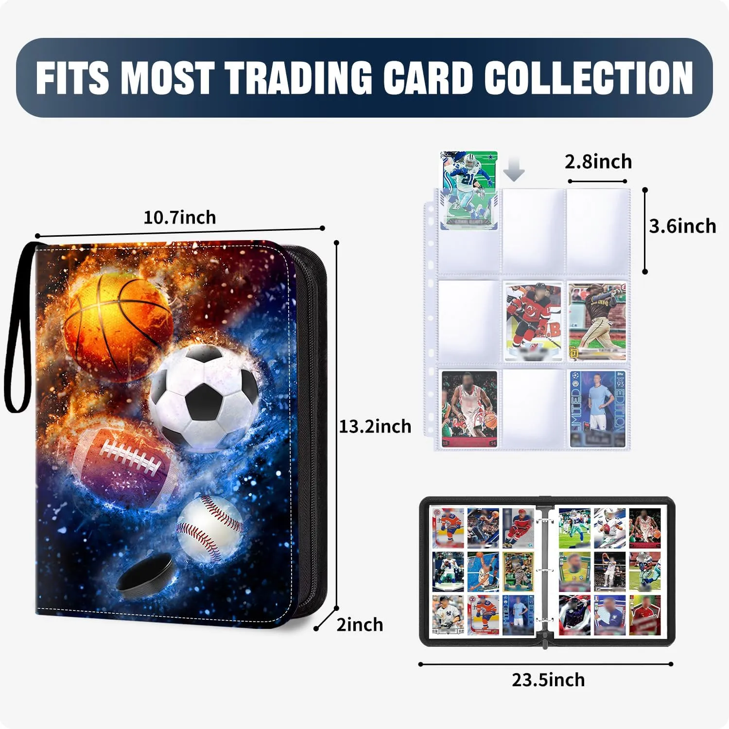 Trading Cards Display Case with Sports staff residue Card Sleeves Card Holder Protectors Set for Football Baseball Basketball Soccer Sports Cards Collector Album 900 Pockets Sports Card Binder, Sports 