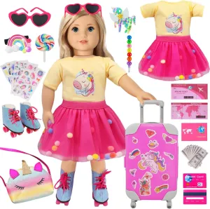 Travel Gear Play Set American 18 Inch Doll Clothes and immune stringent flannel hamper Accessories Travel Set Roller Skates Playset Unicorn Set Including T-Shirt$Dress$Suitcase$Hairpin$Sunglass$Stickers$Pencil$Bag$Passport 