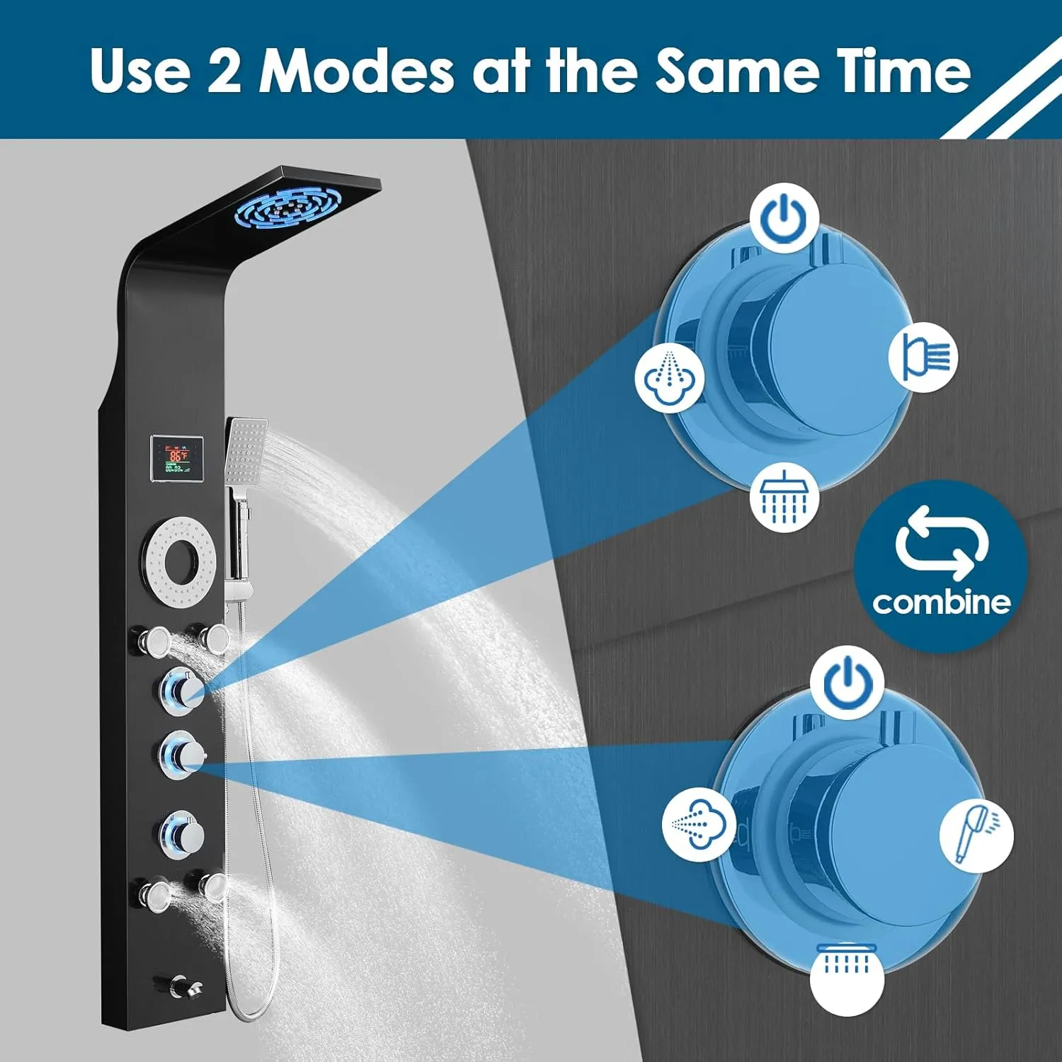 Tub Spout, Led Lights and Temp Display No Battery Needed, Unibody Shower Column 304 Stainless Steel Black ROVOGO Shower iridescent tie flu Panel Tower System with Rainfall Mist Shower Head, Body Jets, Handheld and 