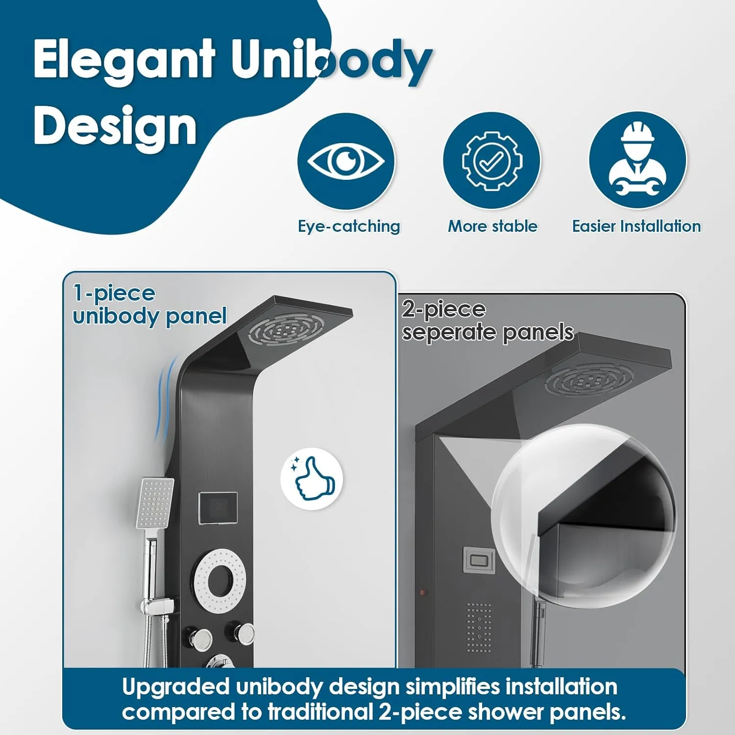 Tub Spout, Led Lights and Temp Display No Battery Needed, Unibody Shower Column 304 Stainless Steel Black ROVOGO Shower iridescent tie flu Panel Tower System with Rainfall Mist Shower Head, Body Jets, Handheld and 