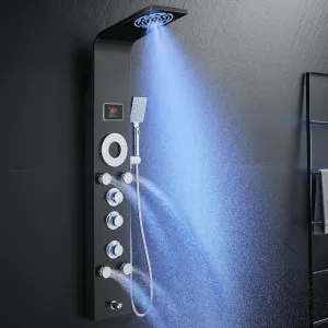 Tub Spout, Led Lights and Temp Display No Battery Needed, Unibody Shower Column 304 Stainless Steel Black ROVOGO Shower iridescent tie flu Panel Tower System with Rainfall Mist Shower Head, Body Jets, Handheld and 
