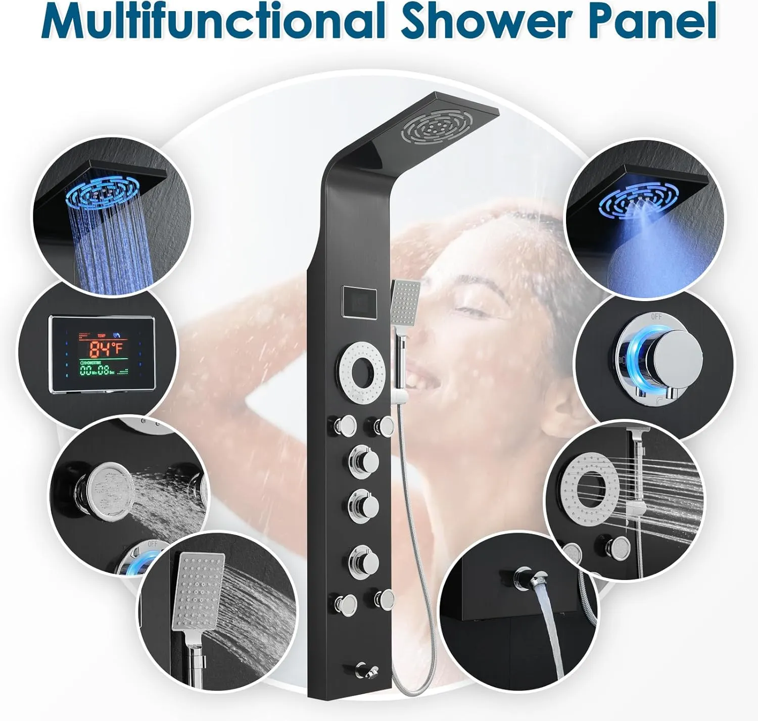 Tub Spout, Led Lights and Temp Display No Battery Needed, Unibody Shower Column 304 Stainless Steel Black ROVOGO Shower iridescent tie flu Panel Tower System with Rainfall Mist Shower Head, Body Jets, Handheld and 