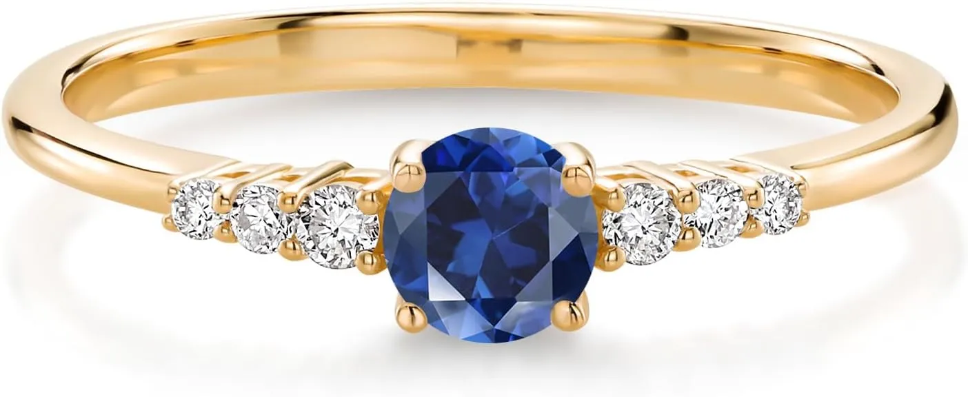 unfairly Blue Created Sapphire and White Lab Grown Diamond Engagement Ring For Women (0.34 Cttw, Round 4MM, Gemstone September Birthstone, Available In Size 5, 6, 7, 8, 9) Gem Stone King 10K Yellow Gold 
