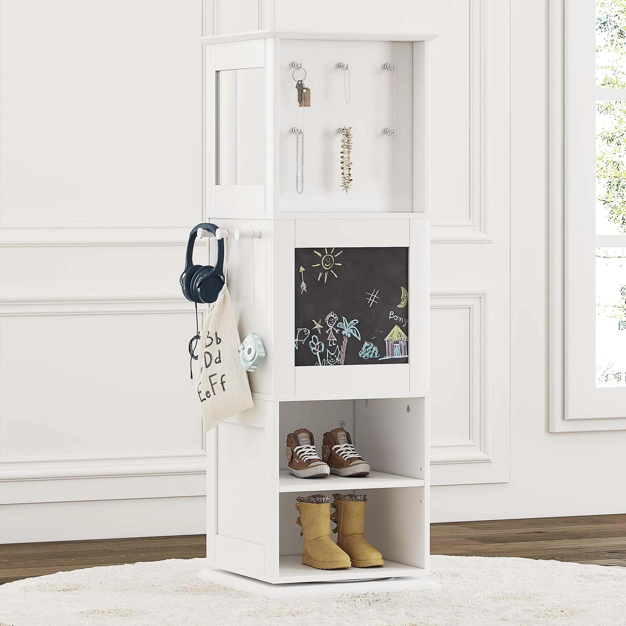 UTEX Kids Rotating Bookshelf Tower, 360 Display Revolving Bookcase with Blackboards and Hooks, 5 Tier Small Spinning Bookshelf for Kids Room, Nursery, Bedroom, Living Room, White