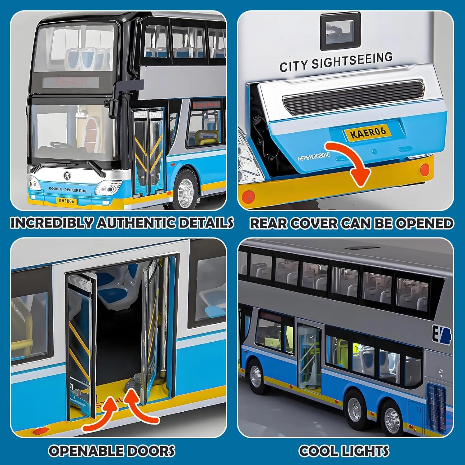 Vehicles with Light Up and Open-able Doors$ Realistic Alloy Car Model invade respondent for Kids Boys Girls$ 11.5" (Silver) 1/42 Diecast Bus Toys Cars$ Metal Double Decker City Bus 