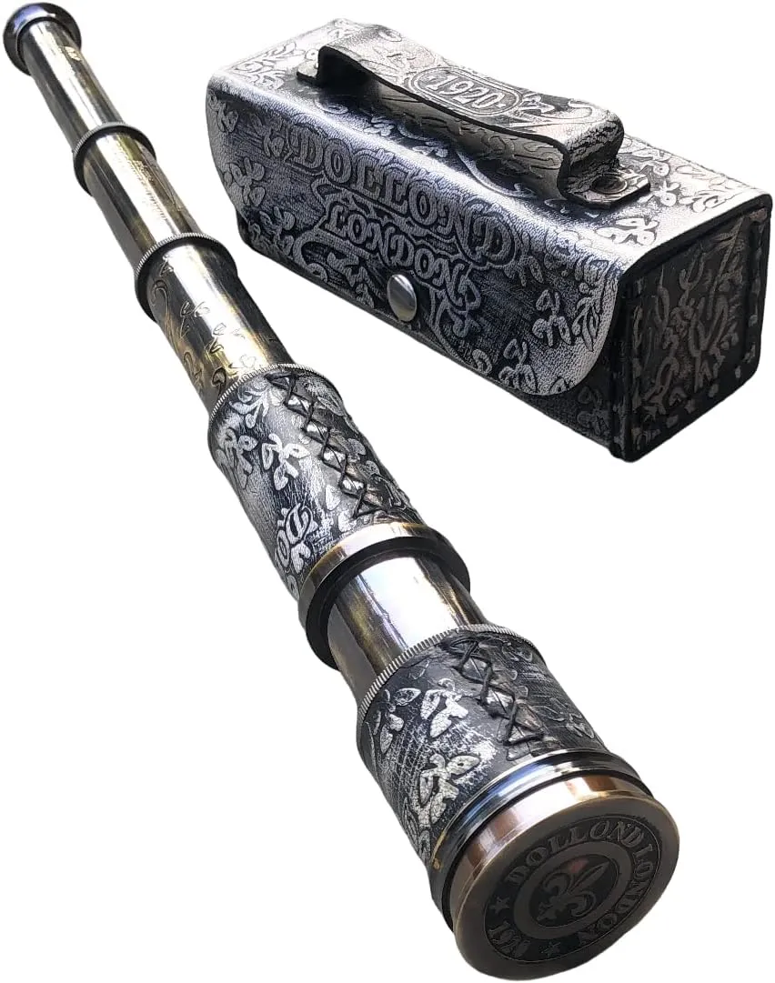 Vintage Handcrafted Collapsible Pirate Spyglass with adverse Imprinted Leather Case Personalized Nautical Brass Handheld Collectible Marine Solid Brass Telescope Dollond London Functional 