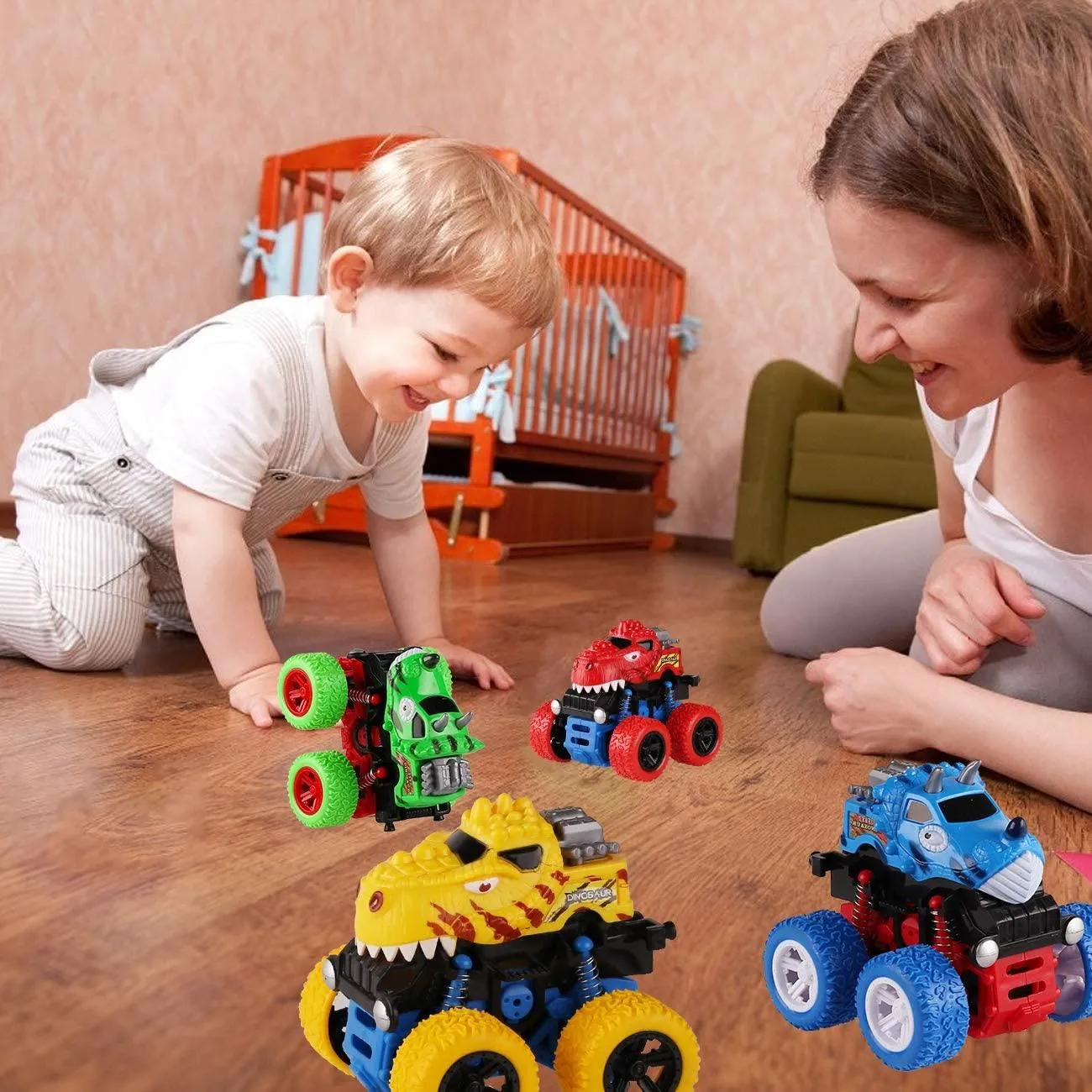 Voamuw Dinosaur Cars Toys for Boys, Friction Powered Monster Truck Push and Go Vehicles Toys for Toddlers, Christmas Birthday Party Supplies for Kids Age 3 4 5 6 7 8 Year Old