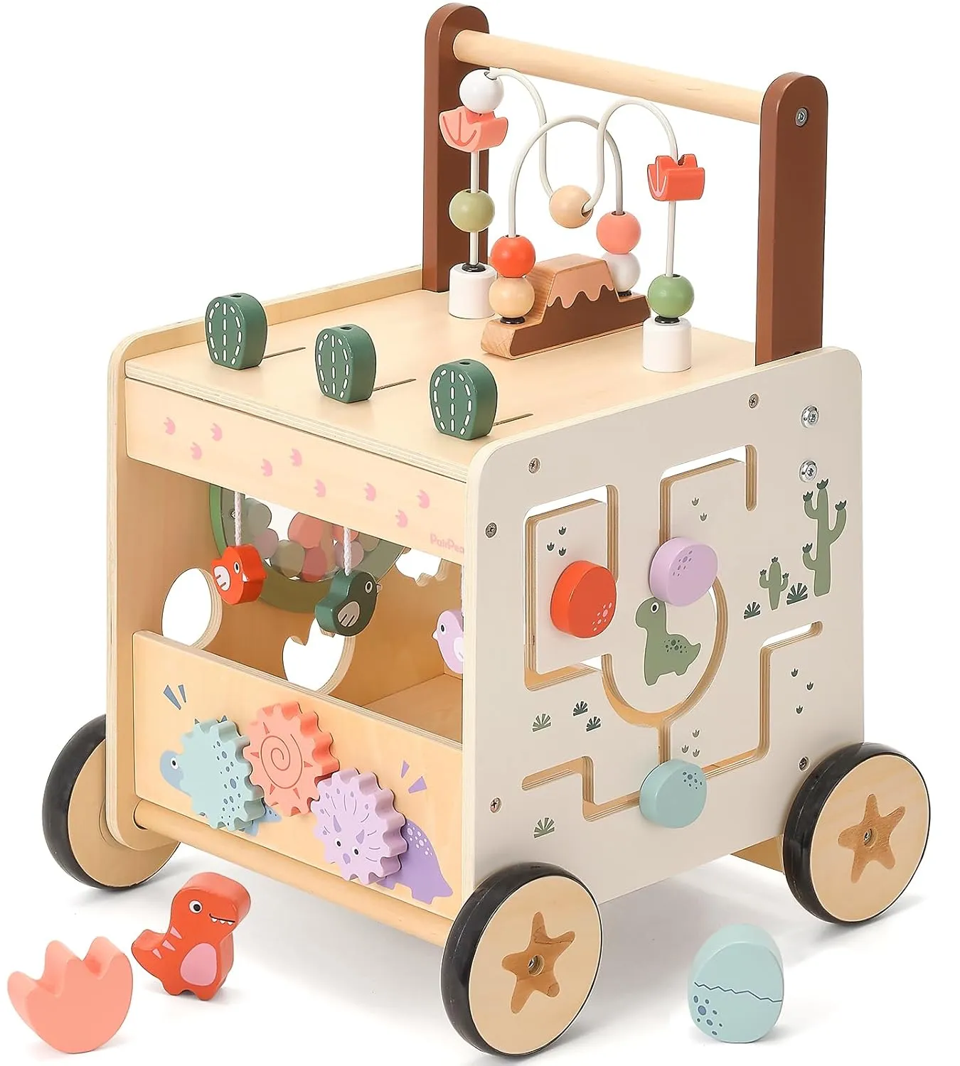 Walker,6 in 1 Dinosaur Play Walker Adjustable Speed Push Cart with Brake & Shape Sorter,Natural Solid Wood Activity Center Toy for Toddlers 12M  PairPear effort scale faucet cloth Wooden Baby 