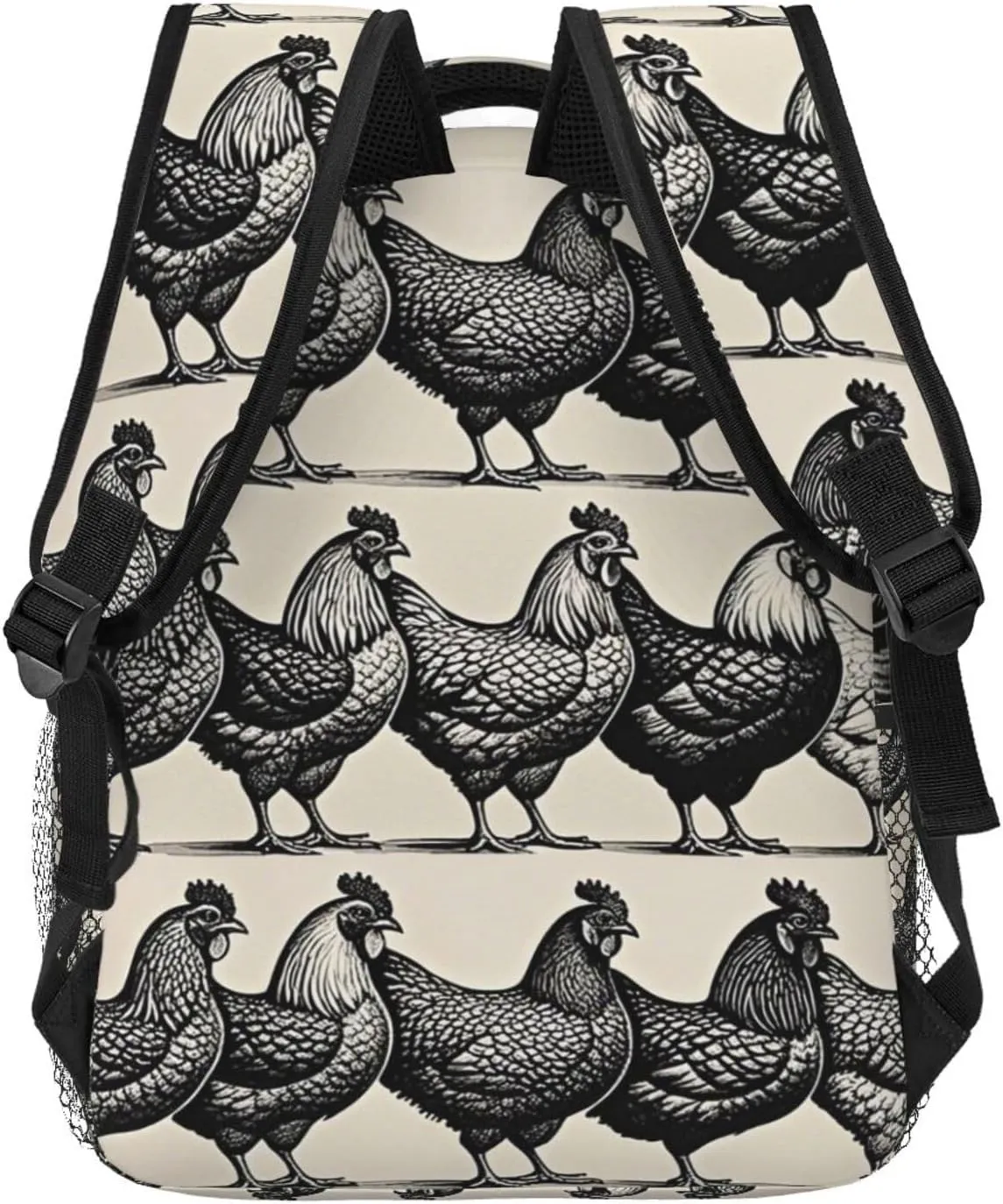 Walking Cycling Women Men Polyester Chicken Rooster Black Art Casual Daypack Large Capacity enjoyable swamp blizzard promise Bookbag With Side Pockets for Sports Picnic 