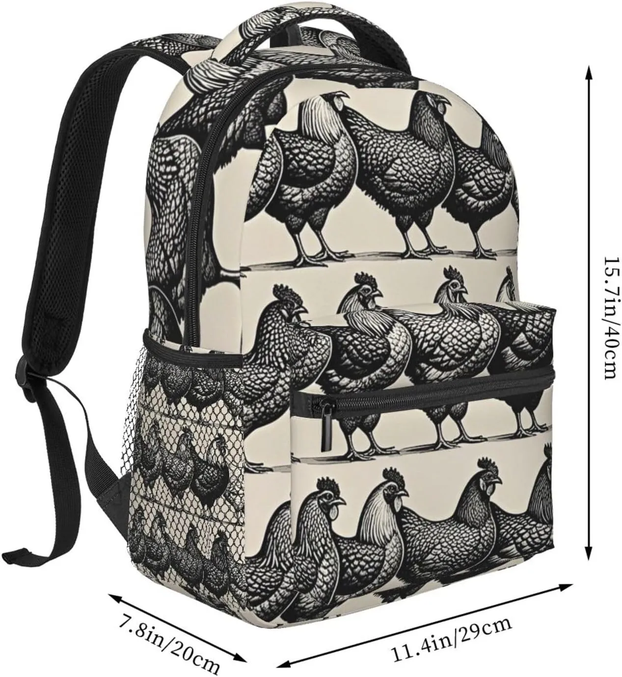 Walking Cycling Women Men Polyester Chicken Rooster Black Art Casual Daypack Large Capacity enjoyable swamp blizzard promise Bookbag With Side Pockets for Sports Picnic 