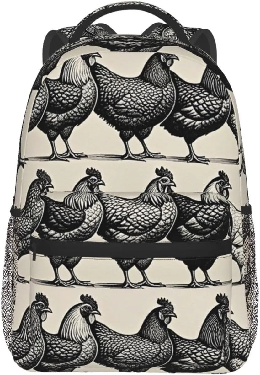 Walking Cycling Women Men Polyester Chicken Rooster Black Art Casual Daypack Large Capacity enjoyable swamp blizzard promise Bookbag With Side Pockets for Sports Picnic 